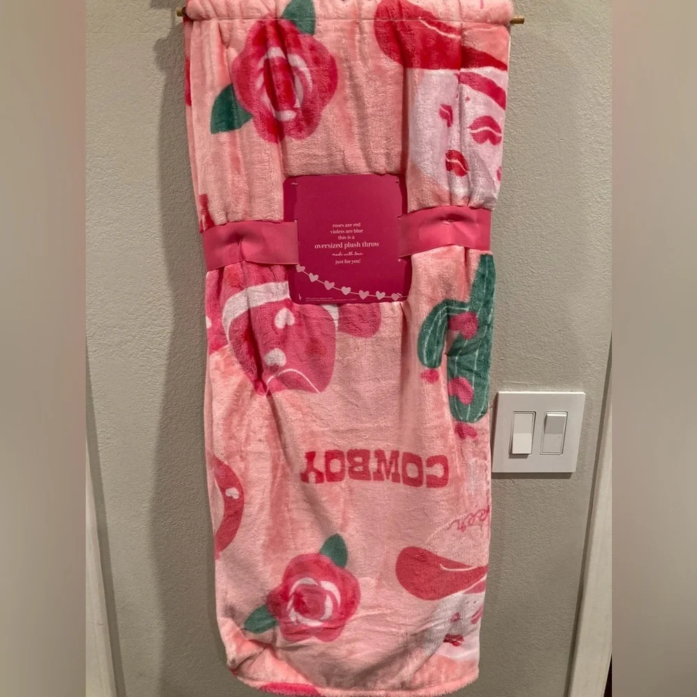 Pink Cowboy Oversized Plush Throw Valentine’s Day Cactus Hearts